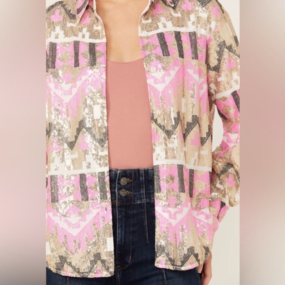 MAINSTRIP WOMEN'S SEQUINS LONG SLEEVE BUTTON-DOWN SHACKET